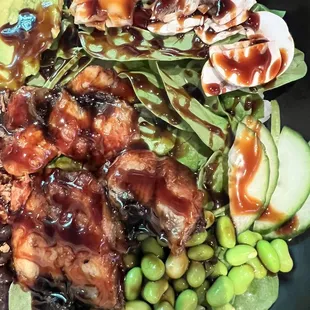 Salmon, cucumbers, spinach, mushrooms, P09. Eel Rice Bowl