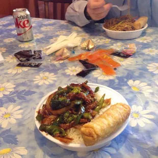 Shredded beef Szechuan and egg roll. A lunch special.