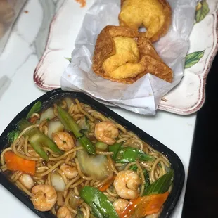 Shrimp Lo Mein, TONS of shrimp every time! And of course, their signature giant Crab Rangoons.