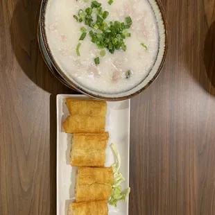 Preserved Egg and Pork Congee with Chinese donuts