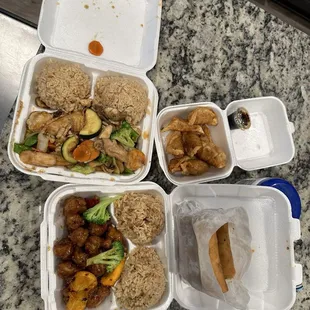 Happy family, fried dumplings, orange peel chicken, &amp; chicken egg rolls