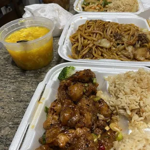 Egg drop soup, hot and sour soup, string bean chicken, beef lo mein, general tsos chicken and chicken egg rolls