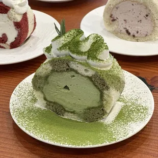 Early Morning Moist and airy green-tea cake filled with a thin layer of nok-cha ganache and nok-cha cream