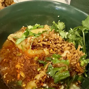 The sichiuan dumplings with a delicious sauce and crispy garlic