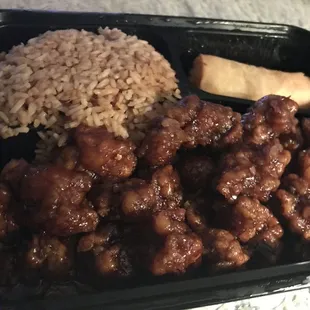 Scallion Chicken with fried rice and spring roll.