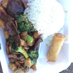 Supreme Family with white rice and spring roll.