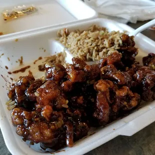 Scallion Chicken with Fried Rice.  Overfried and dry.