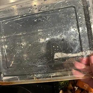 Condensation on a plastic lid that "rained" down on the food. Both the rice and egg roll should have been packaged separately.