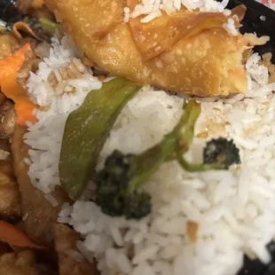 Sesame Battered Chicken with Steamed Rice and vegetables.
