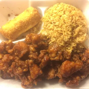 Chicken and scallions, comes with egg roll and white rice.