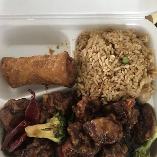 Geberal Tsos Chkn. Chicken was a tiny bit overcooked but still good. I have had better fried rice but not terrible :)