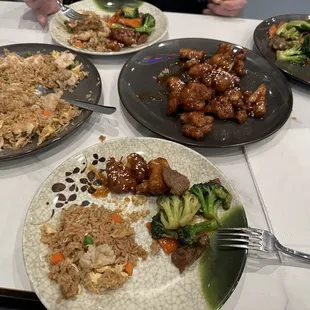 Chicken fried rice, sesame chicken, beef and broccoli