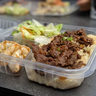 Bulgogi with Kimchi Rice and Fried Dumplings