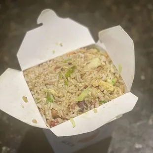 Three Pork Fried Rice $13 - ham, bacon and pork w/ veggies. Pretty good!