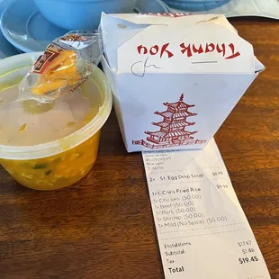 Chris combination meat no spice fried rice and egg drop soup