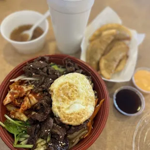 Rice Bowl with bulgogi and everything, pol dumplings and miso soup