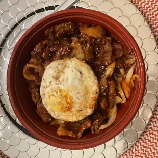 Japchae with spicy pork