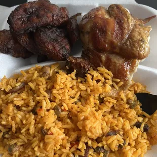 Quarter chicken, rice with pigeon peas, &amp; maduros (ripe plantain)