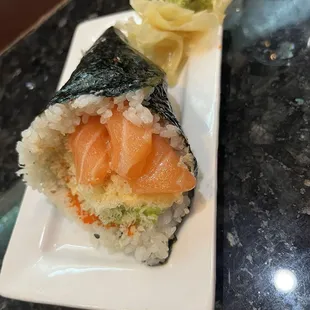 Spicy salmon crunchy hand roll!