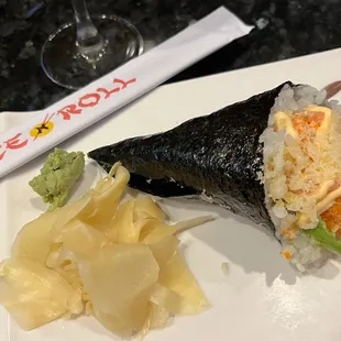 Spicy crunchy salmon hand role. DELISH!!!!