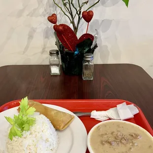 Bicol express , rice and veggie spring roll. First meal and certainly won't be the last!  Saboroso!