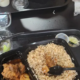 beef stew with brown and white rice