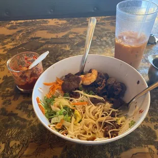 Beef and shrimp noodle bowl.