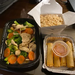 Chicken Broccoli Dinner with Brown Rice and Thai Rolls