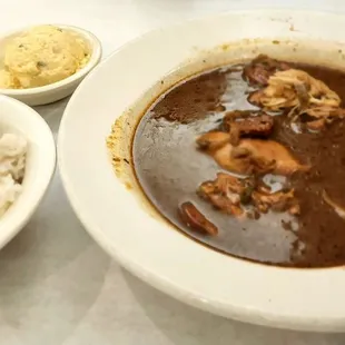 Gumbo, white rice and potato salad