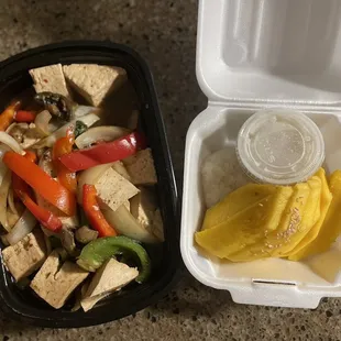 Spicy basil with steamed tofu and mango sticky rice