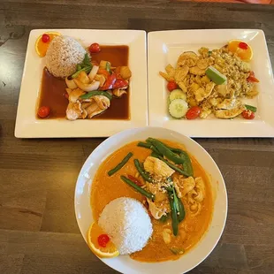 Sweet and Sour Chicken Dish, Mango Fried Rice, Rice Paper String Bean Dish.