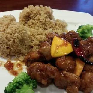 Orange chicken lunch portion. I took a bite of fried rice before taking picture. Comes with an egg roll before 4pm.