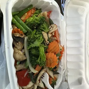 Spicy Basil (Pad Kra Prao) I added broccoli and green beens. Chicken not fresh