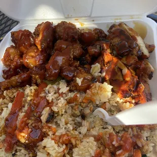Combo plate with orange chicken/ teriyaki chicken fried rice