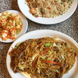 Pork yakisoba (#17) and shrimp fried rice (#18) and a complementary side of cabbage kimchi