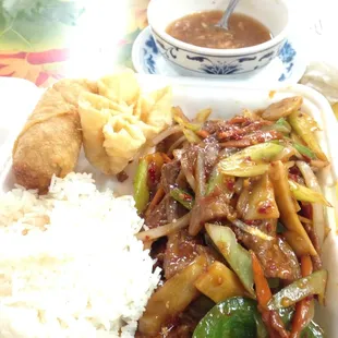 Mongolian Beef, hot &amp; sour soup.