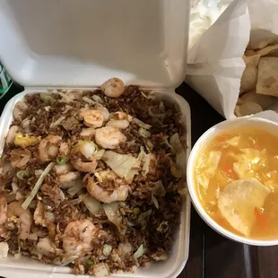 Shrimp and fried rice with egg drop soup