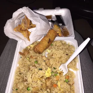 Chicken fried rice, egg roll, crab Rangoon, fortune cookie, &amp; sauces