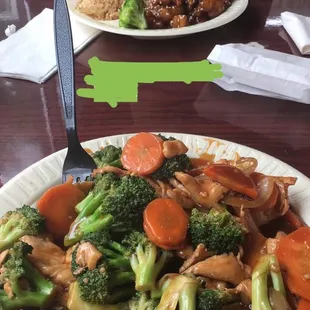 Dinner size serving of Broccoli chicken, with a side of fried rice (not pictured)