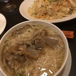 Duck noodle soup, chicken fried rice