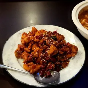 Hot and sour soup and Chongqing styled spicy chicken