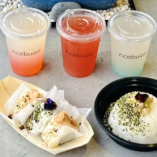 Yuzu Citrus Mint Lemonade
Strawberry Lemonade
Lavender Thyme Lemonade
Onigiri Trio(Shrimp, Kbbq Beef, Salmon)
Onigiri on Plate (Vegan)