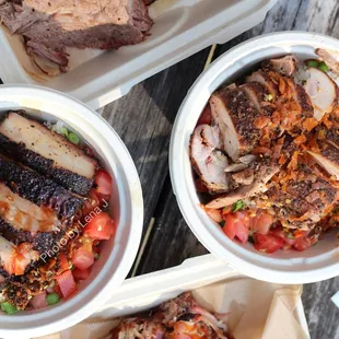 Pork Belly Ricebowl ($15) plus Chili Crisp Bomb (+$1), Szechuan Chicken Thigh Ricebowl ($13) + House Kimchi Bomb (+$1)