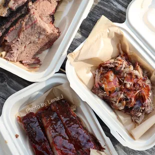 Brisket ($25 for 16 oz), Ribs ($10 for 4 bones), Pulled Pork ($11 for 8 oz)