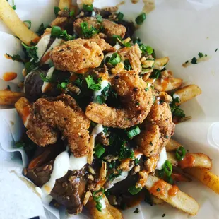 Roast Beef + Shrimp Loaded Fries; Horseradish + Chipotle Mayo + Crunchy Onions!