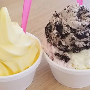 Pineapple Dole Whip kiddie size ($4.50) and Cookies and Cream, Sweet Cream, and Black Cherry Vanilla small size ($5.50). 3/28/2021