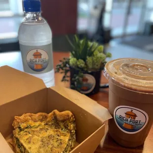 Quiche sourced from May&apos;s Parlor, mocha iced coffee