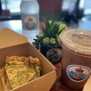 Quiche sourced from May&apos;s Parlor, mocha iced coffee