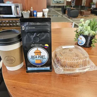 Brown butter toffee latte and cinnamon coffee muffin