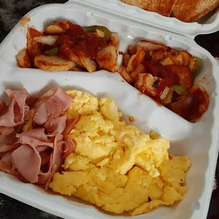 Yummy platter breakfast. Fluffy fresh eggs.